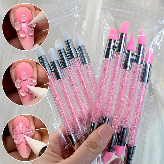 5 stylos à ongles en silicone rose à double extrémité avec strass pour sculpture de fleurs 3D et pointillage, 13 cm