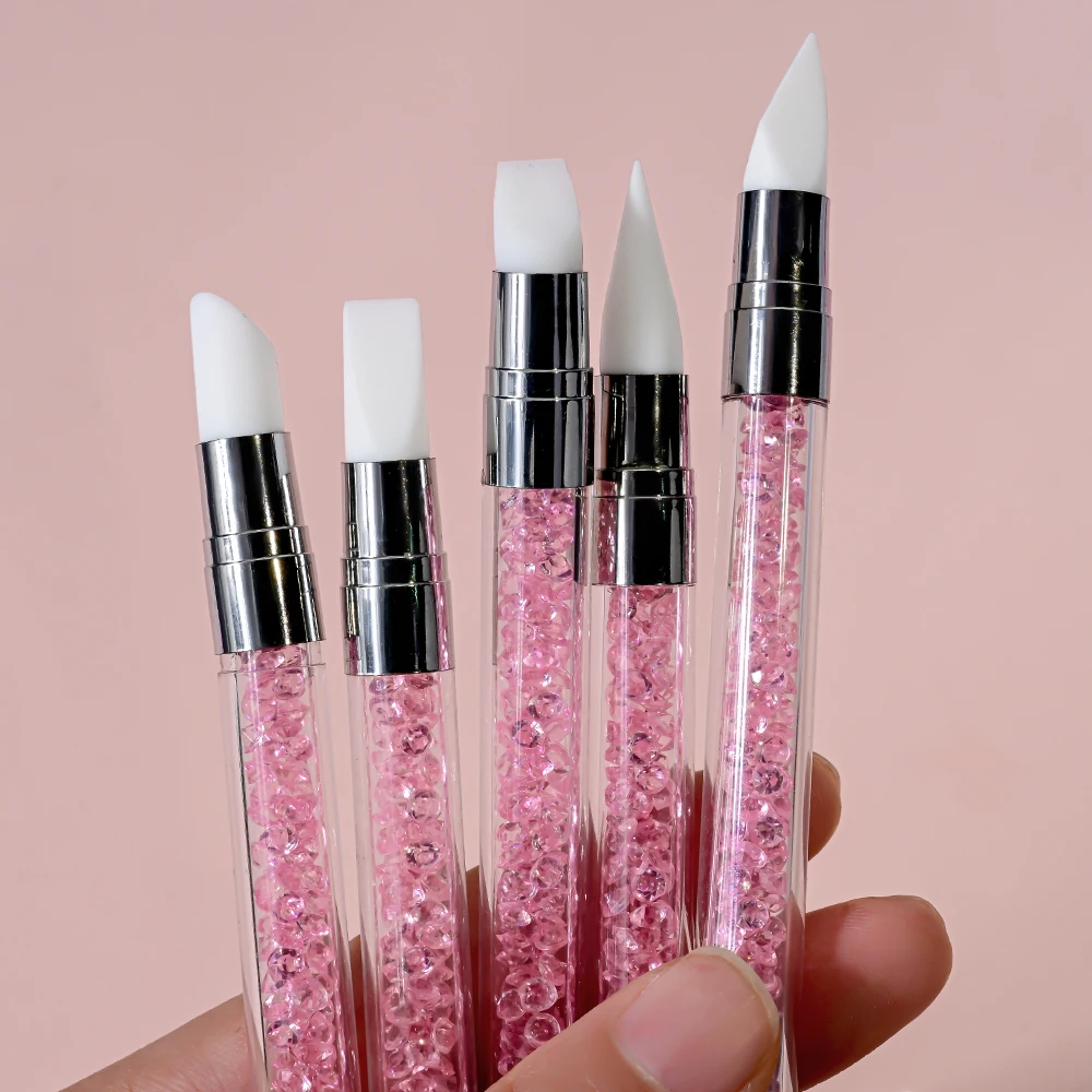5 stylos à ongles en silicone rose à double extrémité avec strass pour sculpture de fleurs 3D et pointillage, 13 cm