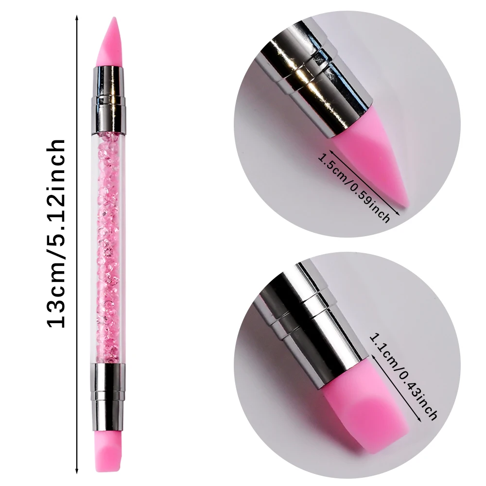 5 stylos à ongles en silicone rose à double extrémité avec strass pour sculpture de fleurs 3D et pointillage, 13 cm