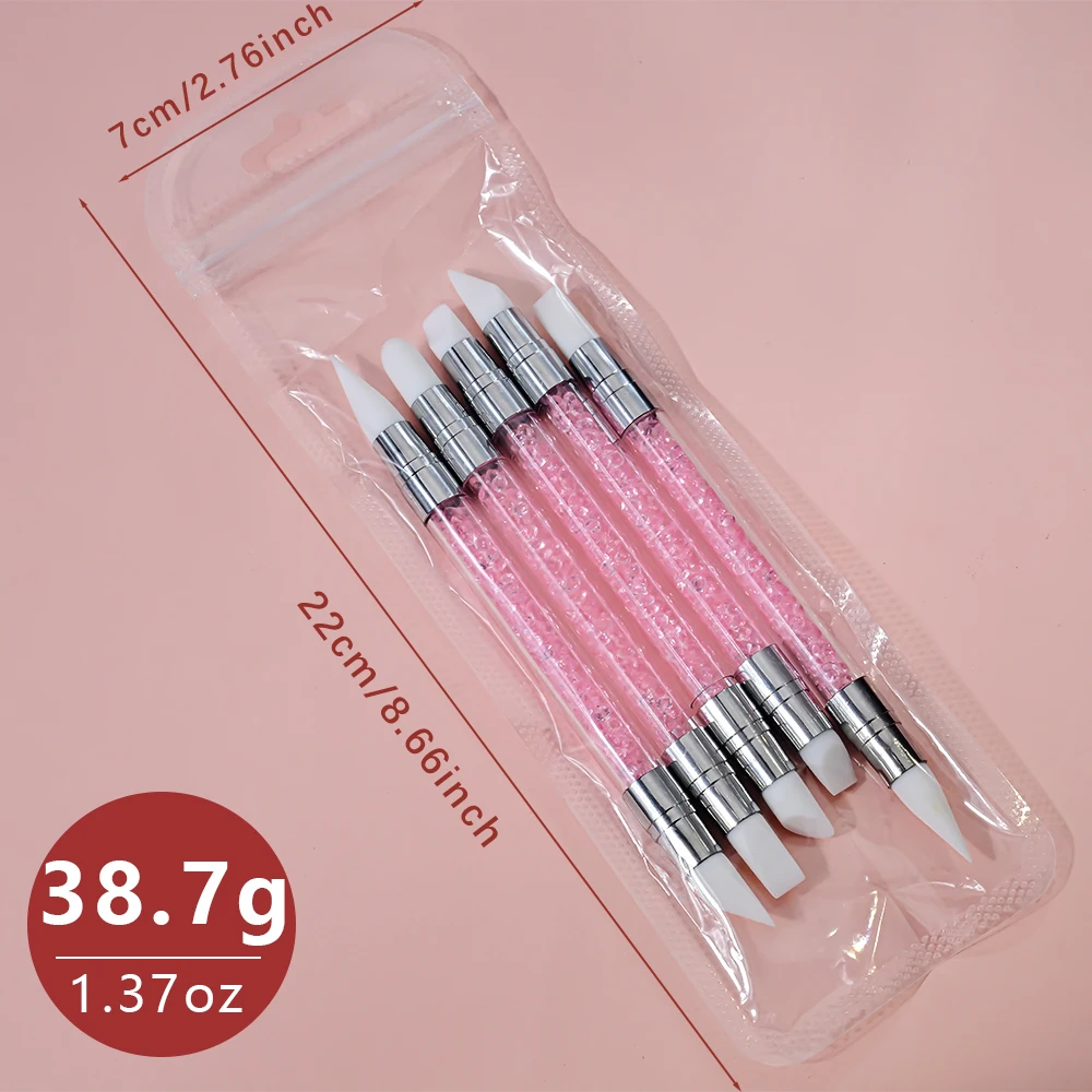 5 stylos à ongles en silicone rose à double extrémité avec strass pour sculpture de fleurs 3D et pointillage, 13 cm