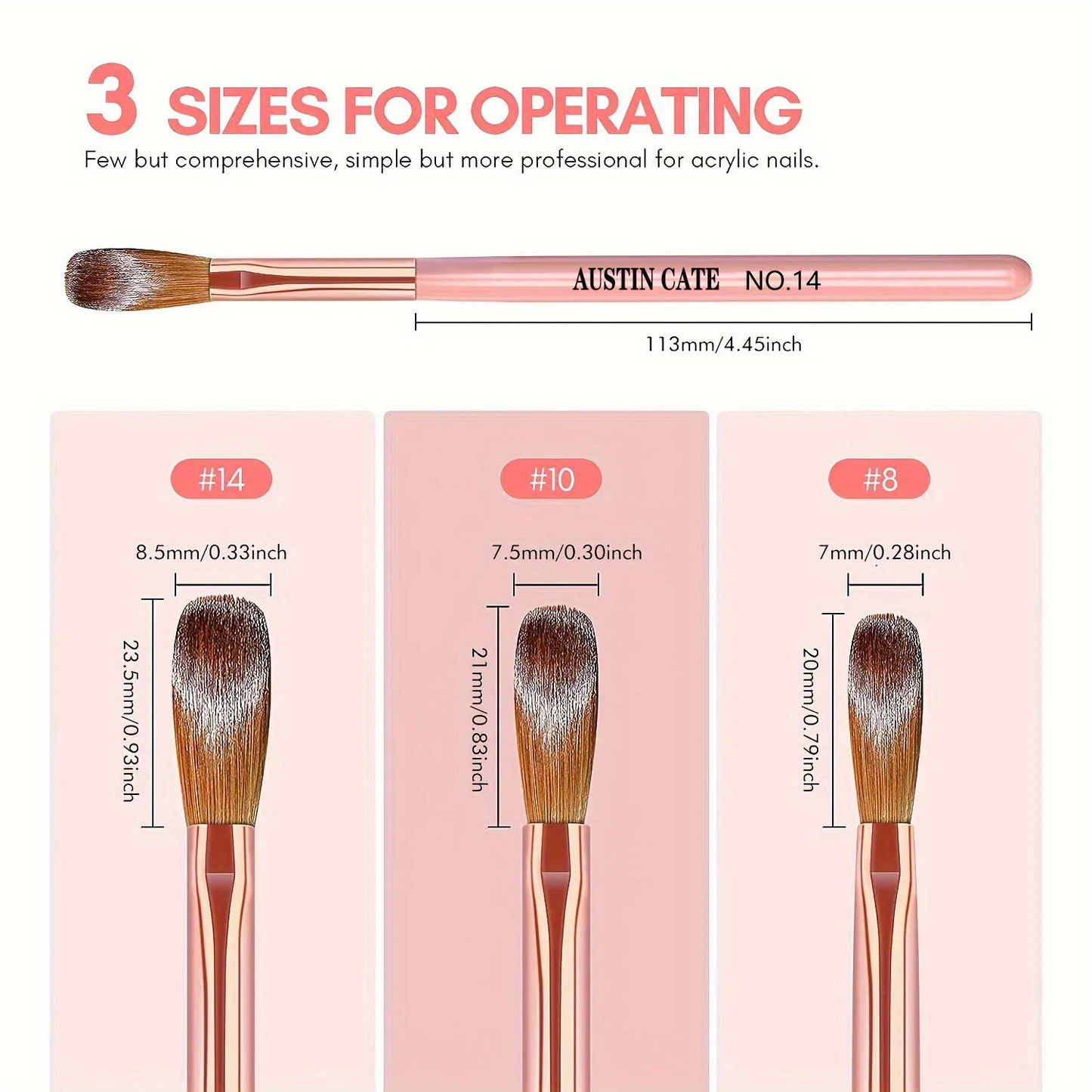 3 pinceaux à ongles en acrylique #8/10/14, pinceaux professionnels pour extensions de poudre acrylique